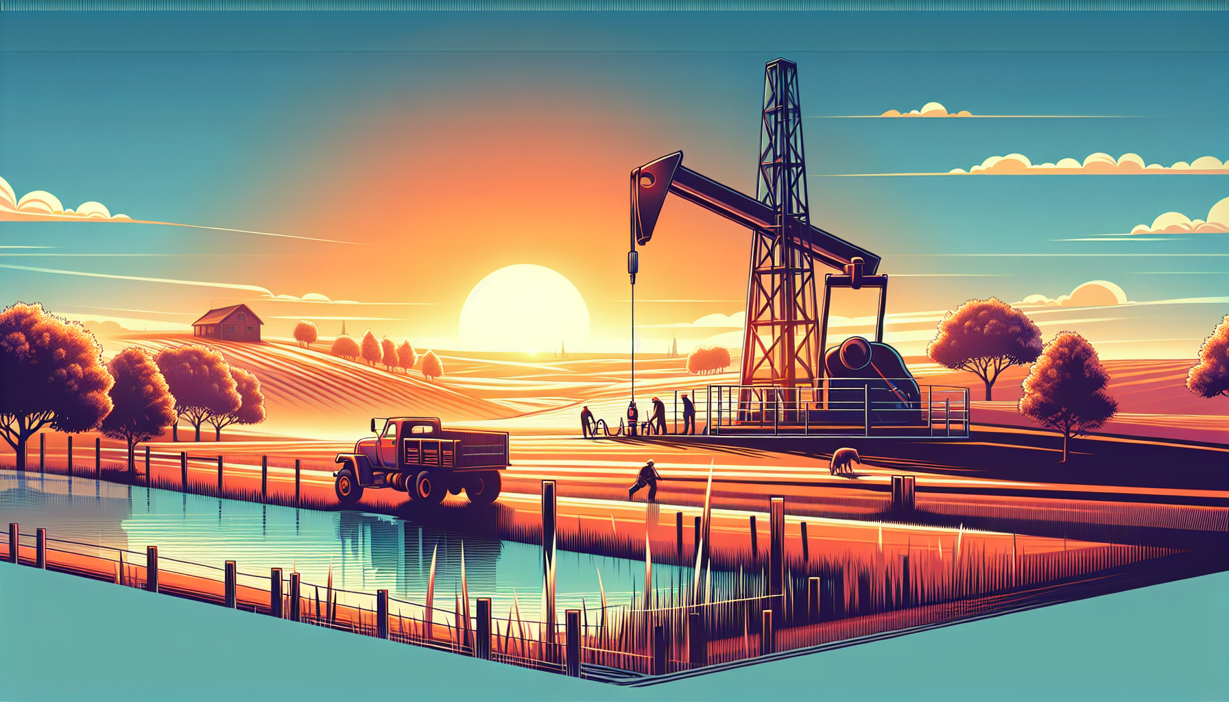 Illustration of an oil pump jack on a farm at sunset with a pickup truck and workers nearby, reflecting on a pond in the foreground.