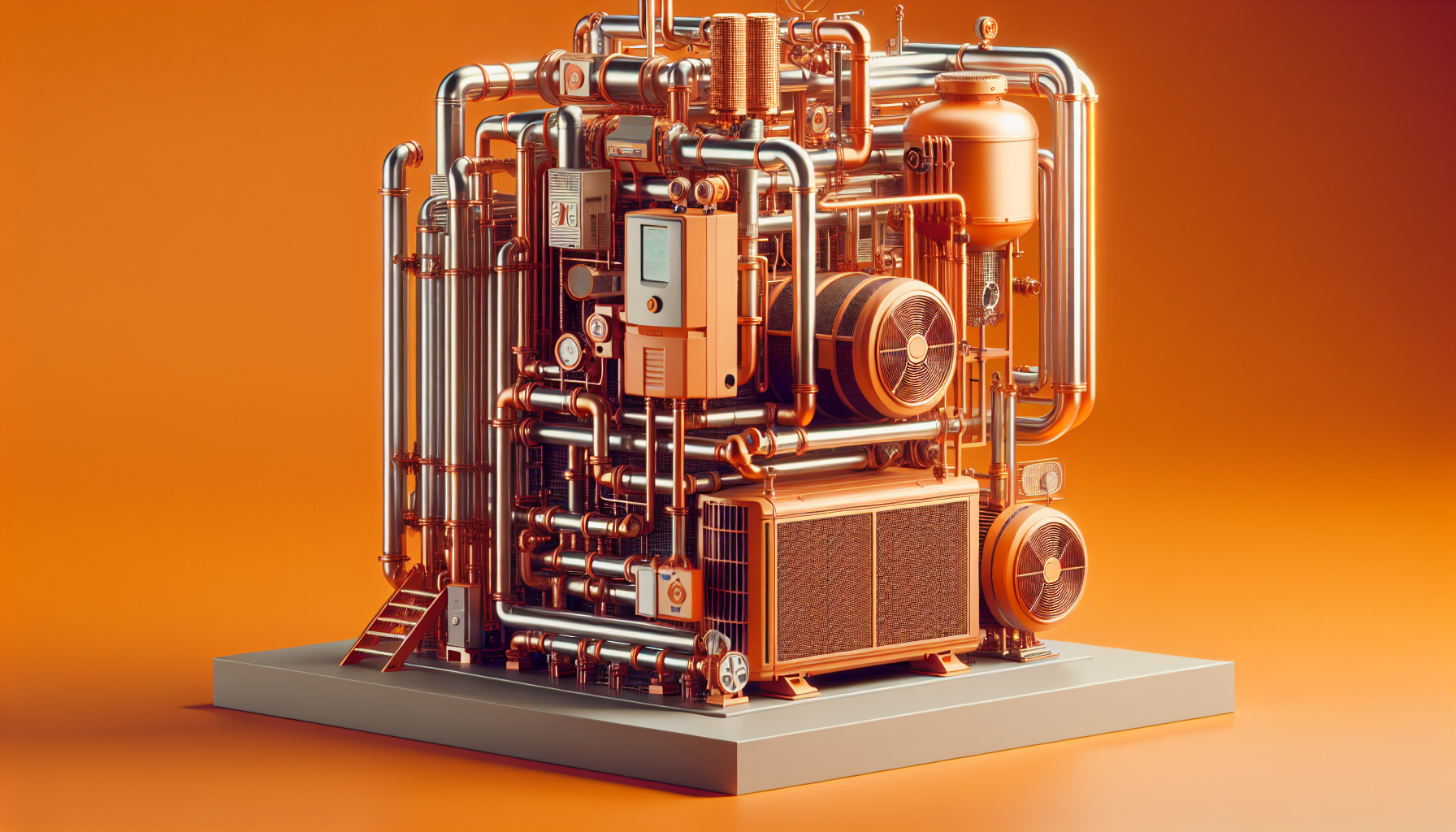 3D illustration of an intricate industrial machinery with pipes and tanks on an orange background.