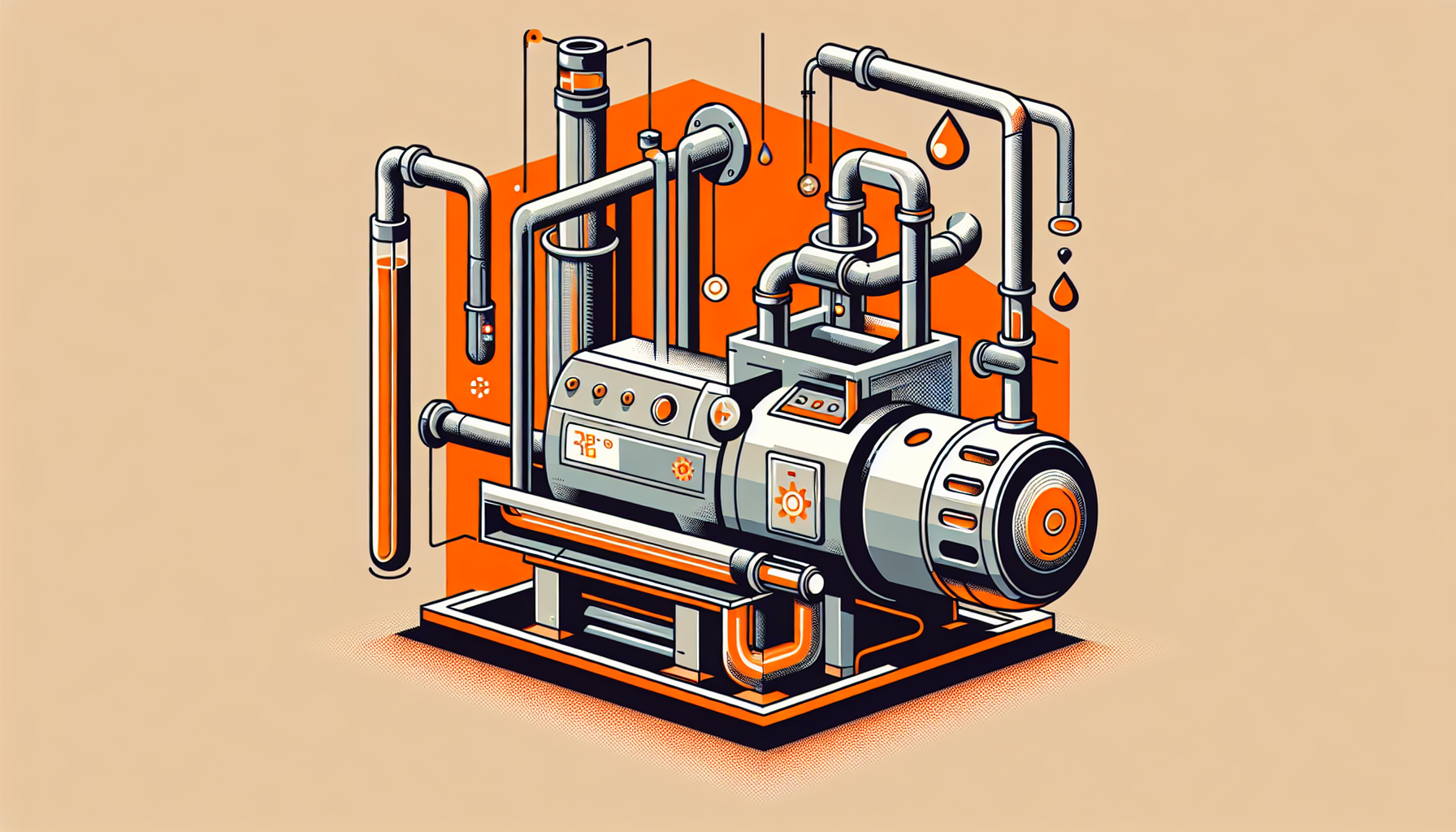 Illustration of a stylized industrial pump with pipes and valves on an orange background.