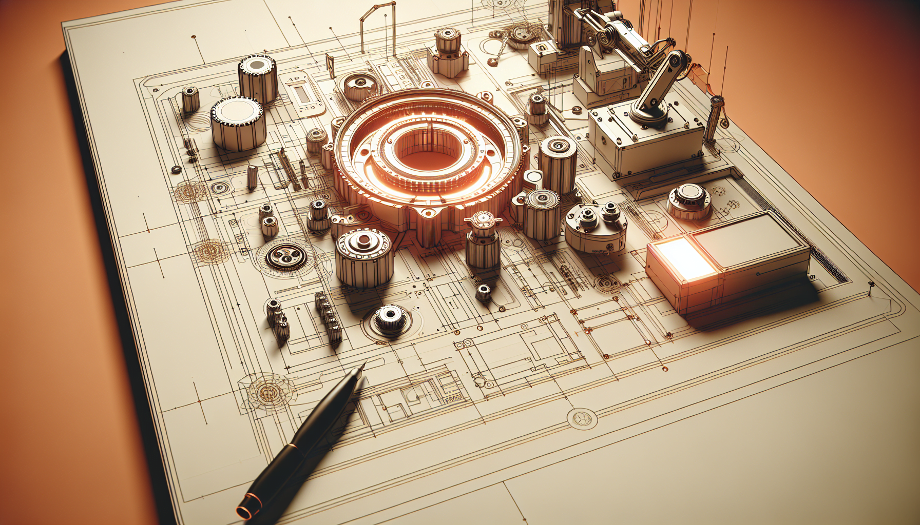 3D illustration of a mechanical engineering concept with detailed machine parts and blueprints on an orange background.