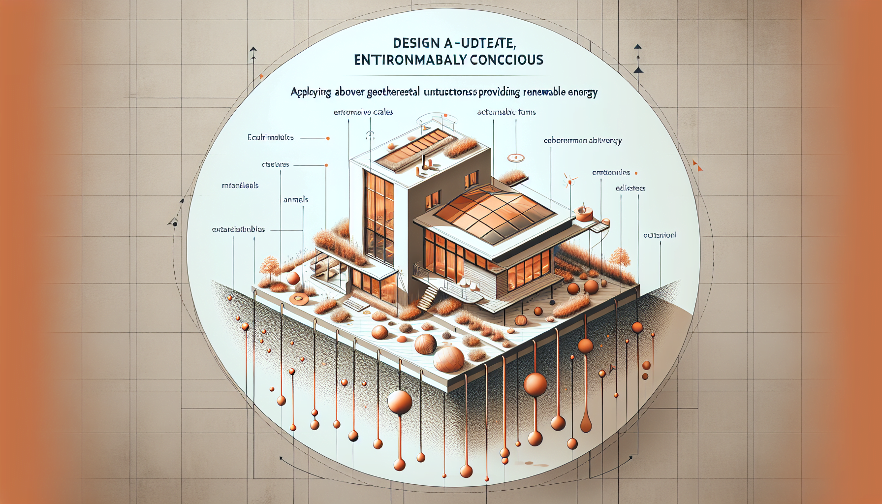 An infographic illustrating a sustainable house using geothermal ultrasonic technology for energy with labeled parts and processes.