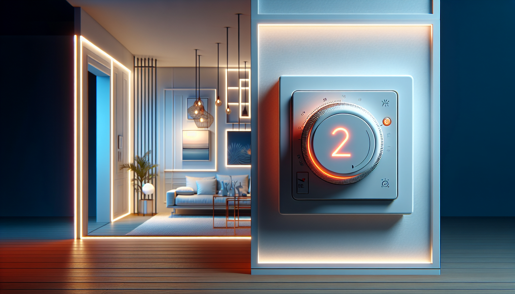 A digital thermostat displaying the number 2 on a wall with a modern living room visible in the background.