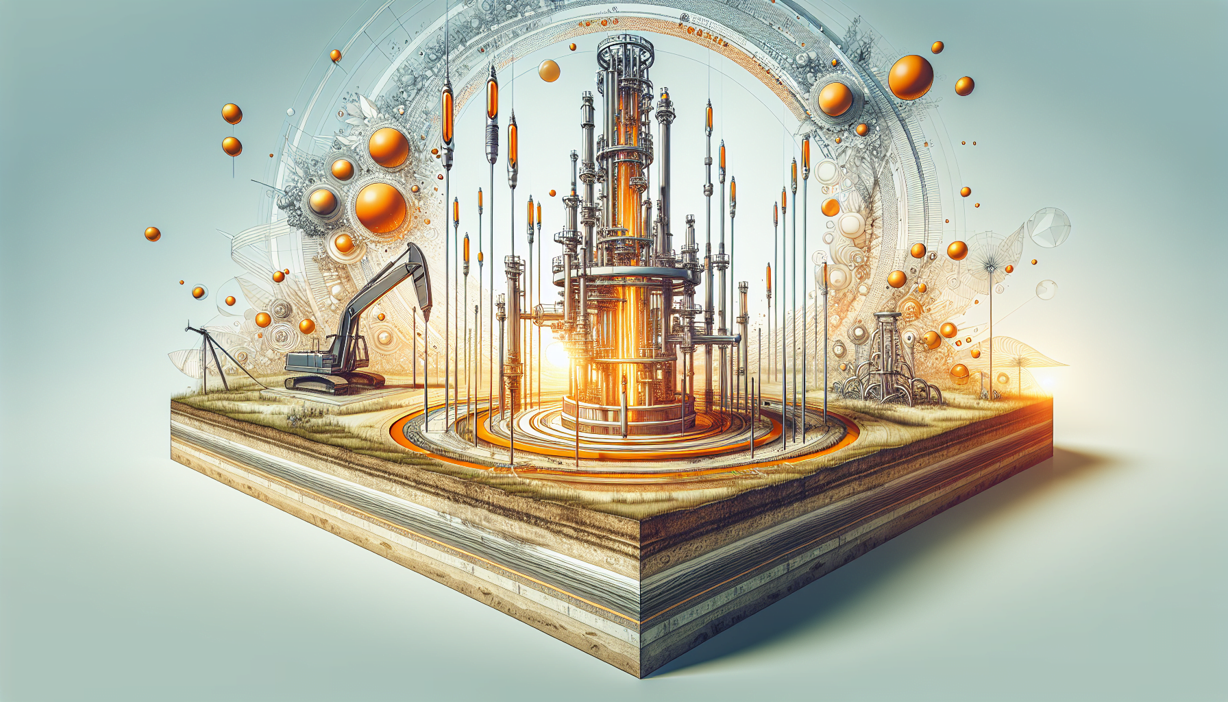 Illustration of a futuristic, industrial structure with glowing orange elements, surrounded by floating orbs and mechanical details, all presented on an elevated platform with a book-like layered edge.