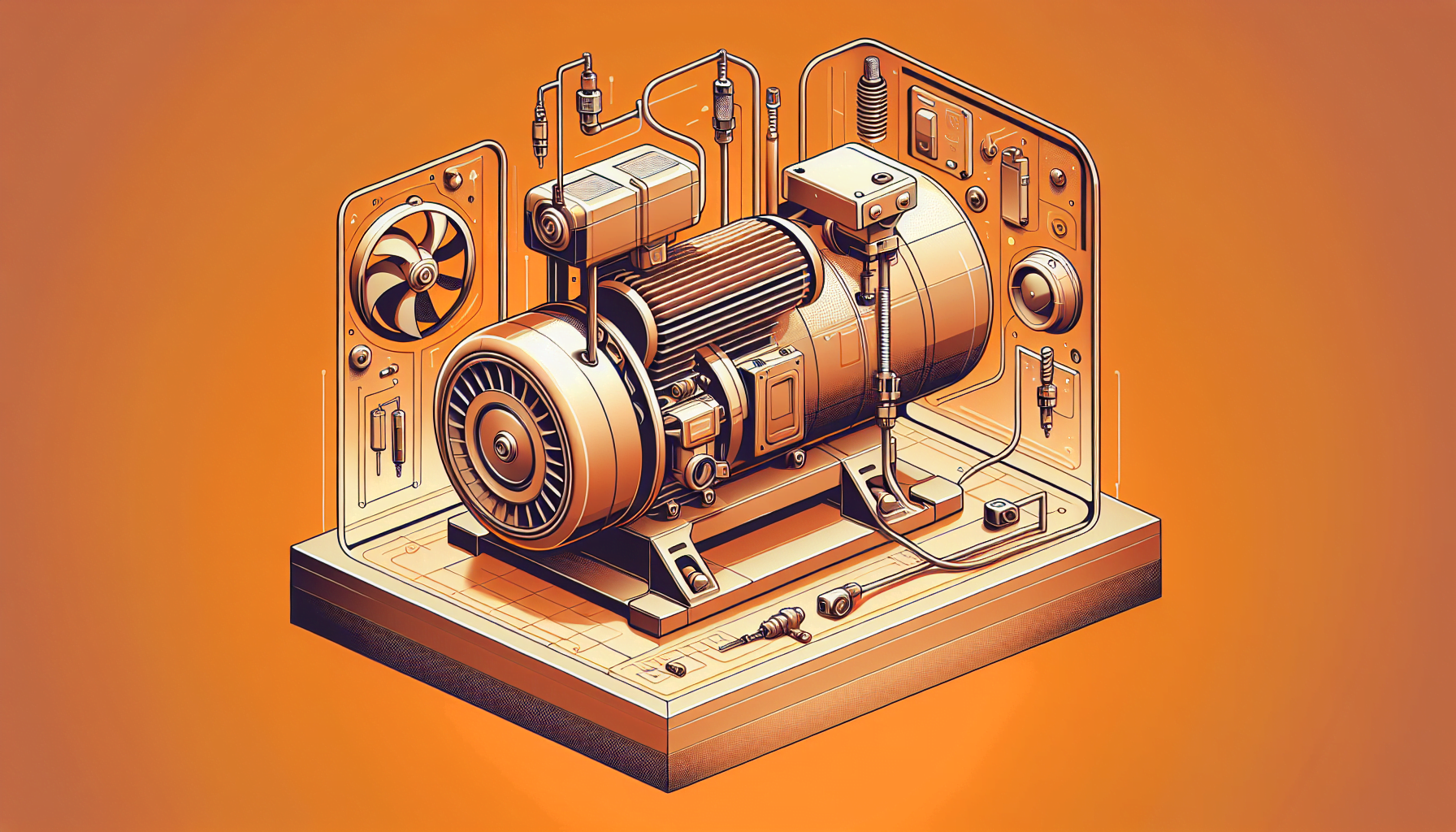 Illustration of a stylized vintage engine with mechanical parts and dials on an orange background.