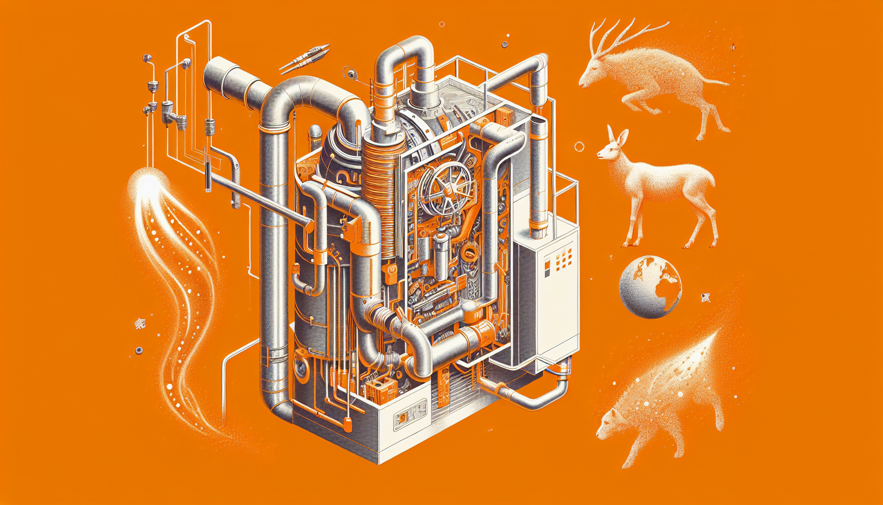 An intricate orange and white illustration featuring a complex machine with pipes and dials, alongside stylized deer and a floating globe against an orange background.