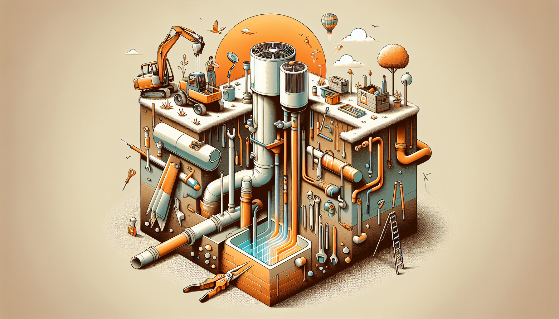 Illustration of a whimsical, industrial cityscape with pipes, ladders, and machinery on a beige background.