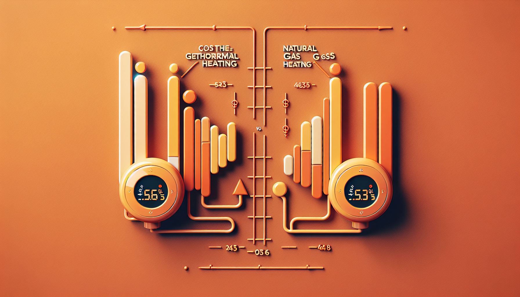 The image features a stylized, infographic-like comparison between geothermal heating and natural gas heating. Two thermostats are shown with corresponding temperatures, cost figures, and efficiency lines against an orange background.