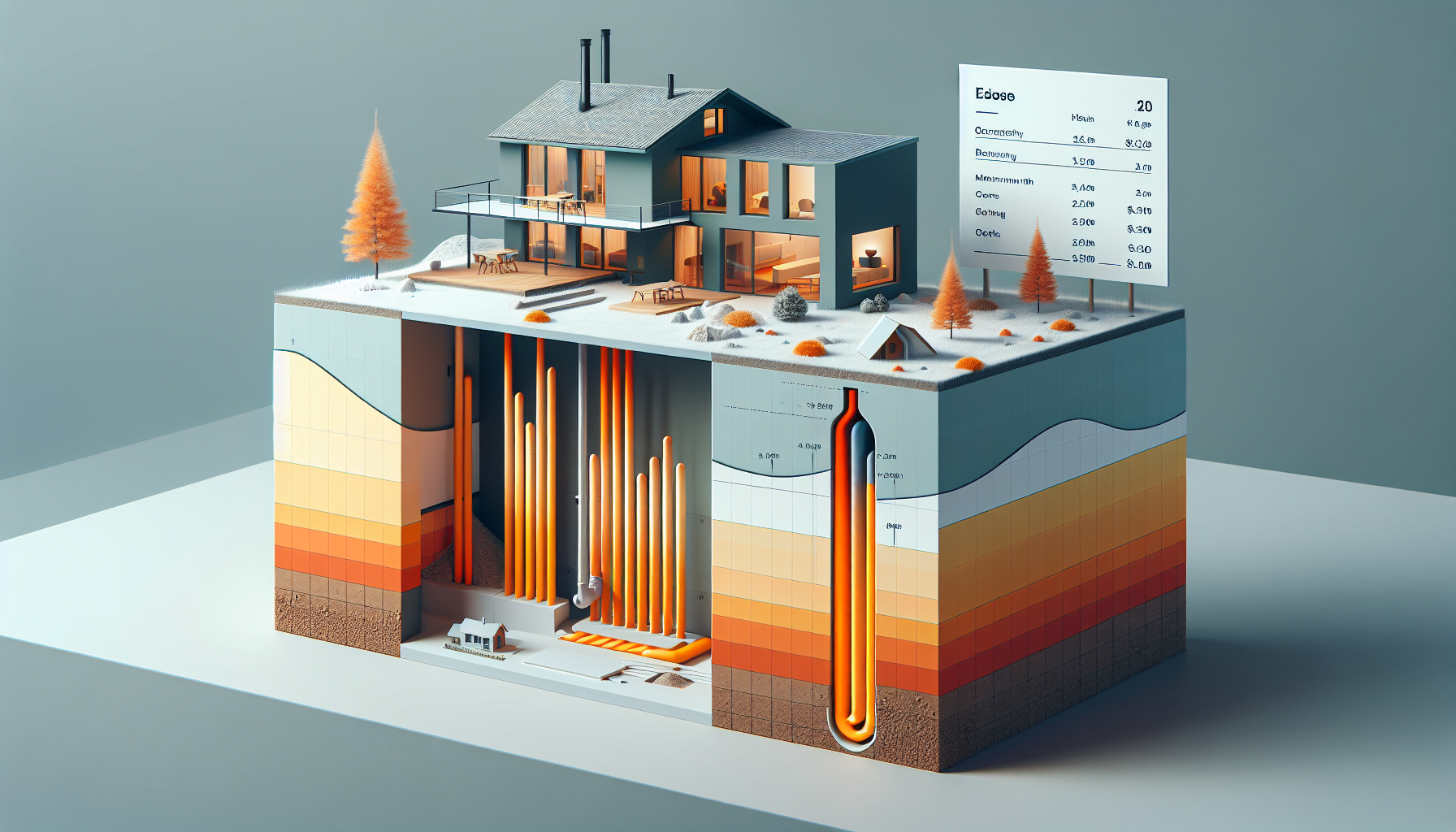 Illustration of a cross-section of a house showing the interior and underground heating system, with accompanying energy efficiency data on the side.