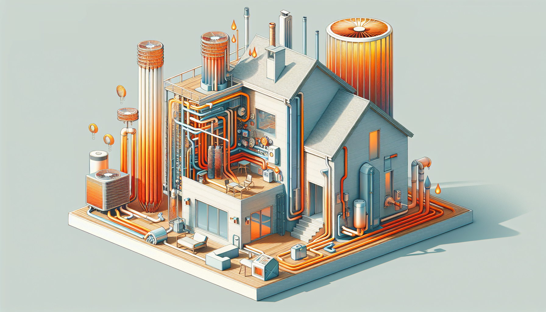 Isometric illustration of a stylized industrial facility with pipes and tanks.