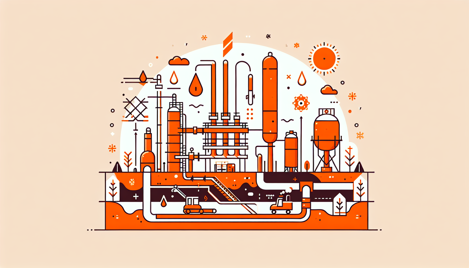 Illustration of a stylized industrial landscape with factories, smokestacks, and pipes in a two-tone color scheme.