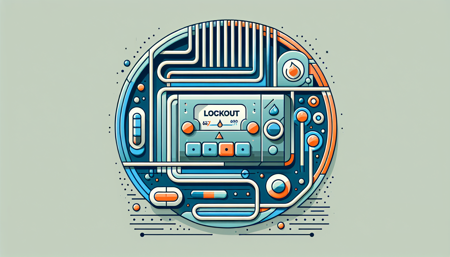 Stylized circular illustration featuring a futuristic control panel with dials, buttons, and a display reading "LOCKOUT."