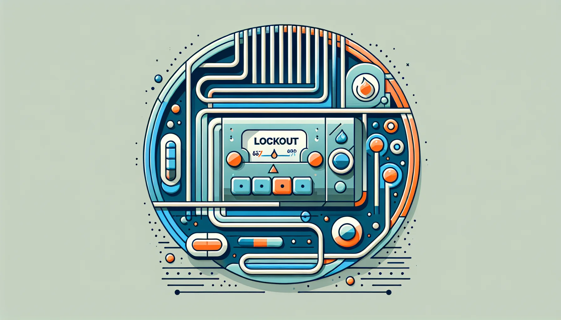 Stylized circular illustration featuring a futuristic control panel with dials, buttons, and a display reading "LOCKOUT."