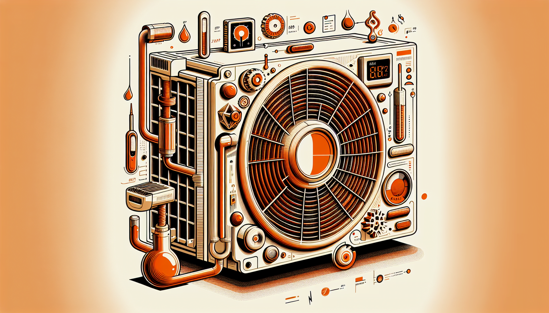 Illustration of a stylized, vintage radio with intricate details and decorative elements on an orange background.