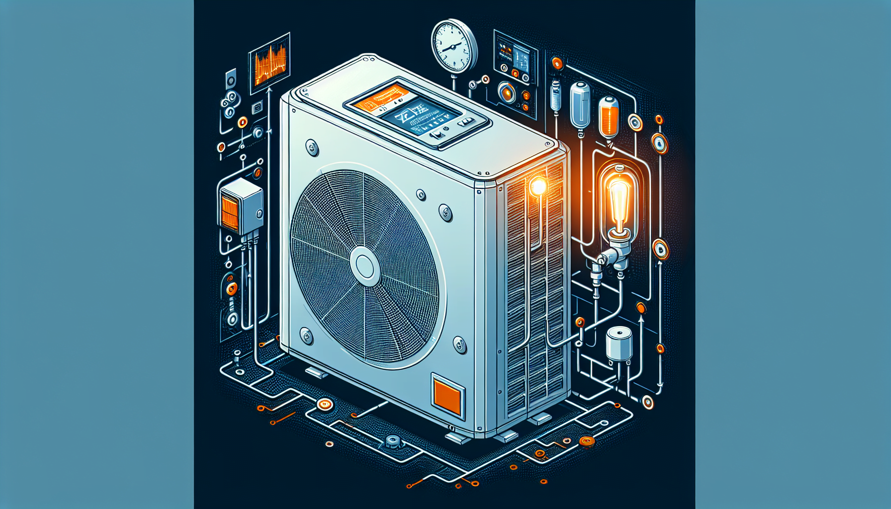 Isometric illustration of a stylized air conditioner unit with various mechanical components and gauges on a dark background.