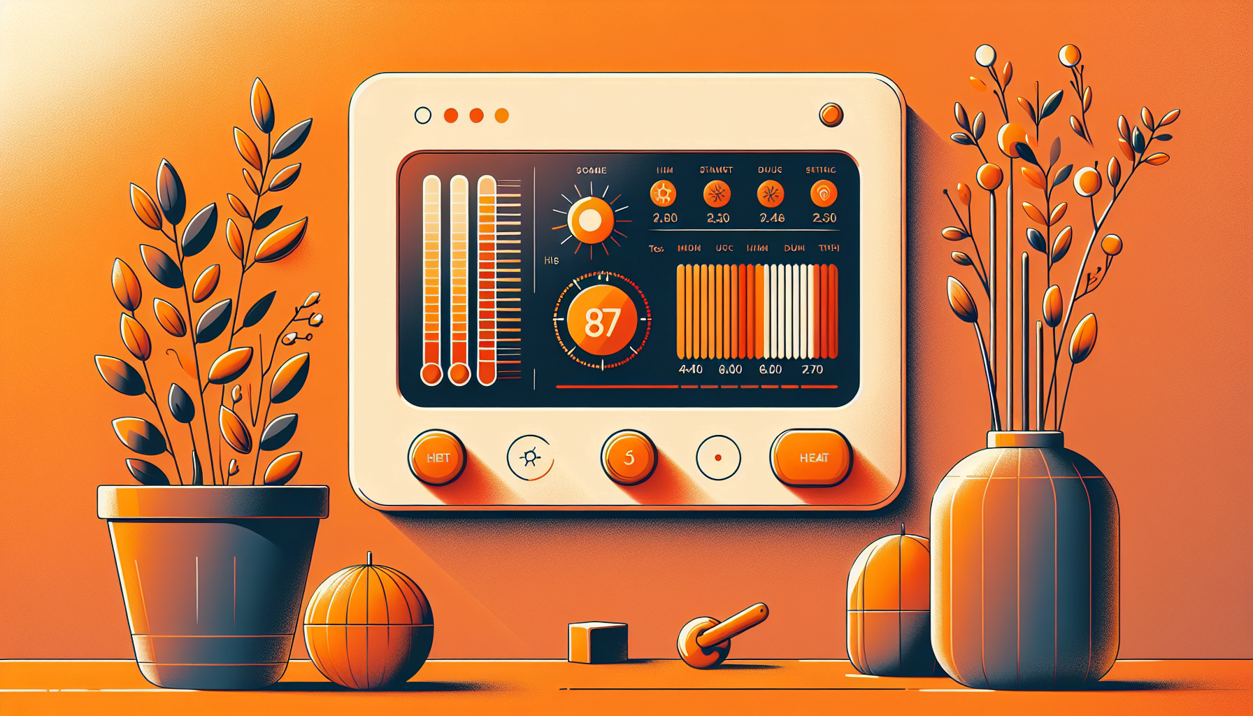 Stylized illustration of a vintage radio with dials and gauges against an orange background, flanked by decorative plants and a pumpkin.