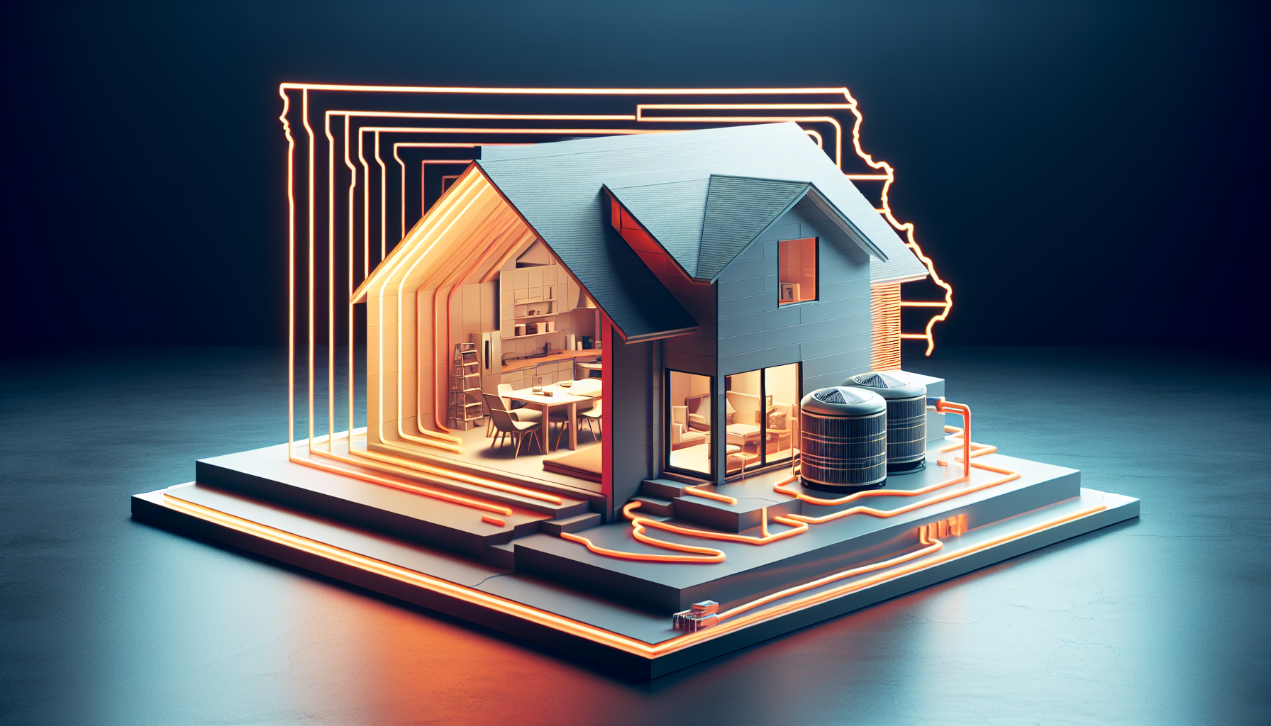 3D illustration of a cross-section of a smart home with visible interior rooms and connected technology systems against a dark background.