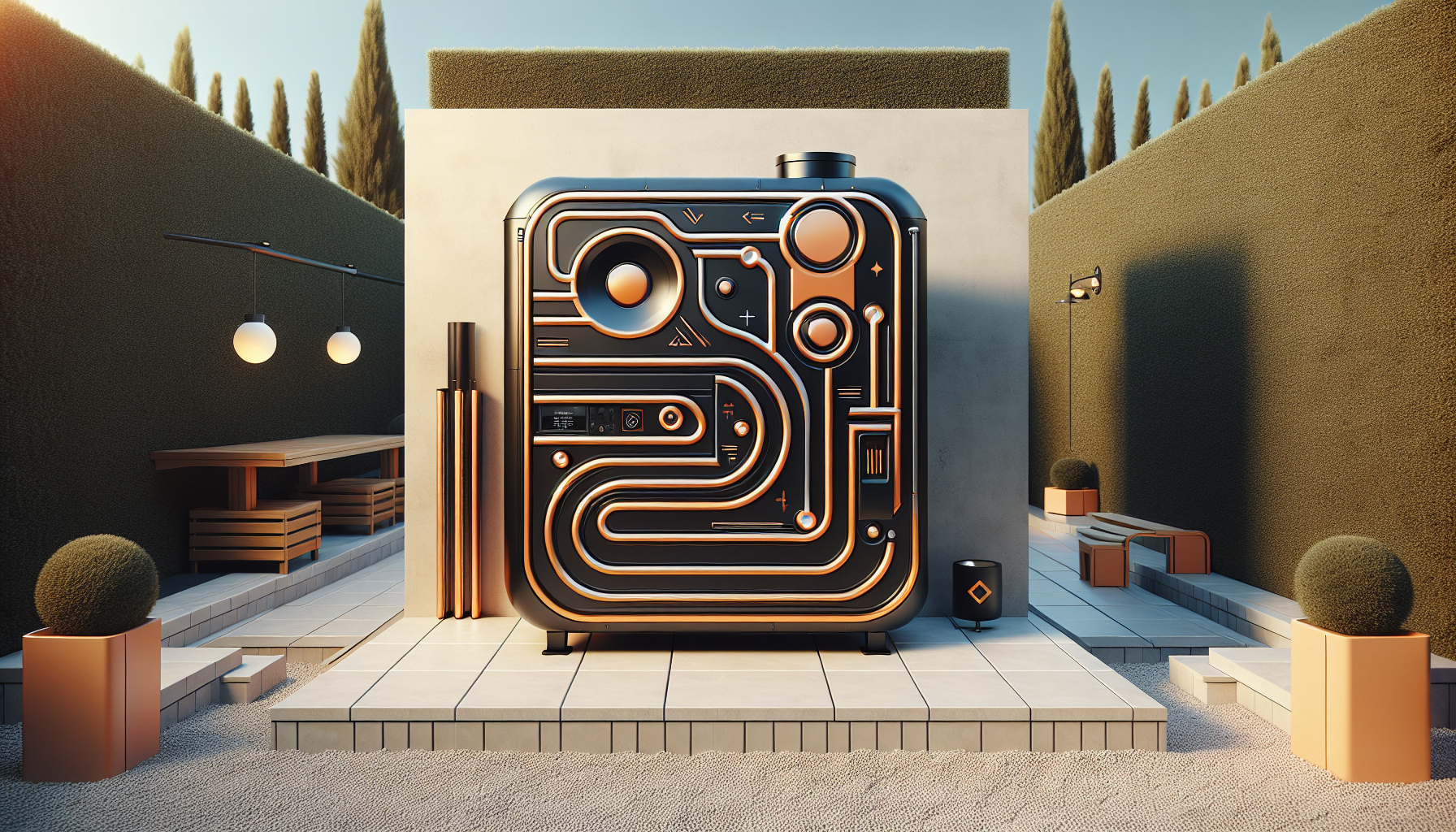 3D illustration of a stylized, abstract camera design with circuit-like details, set in a surreal outdoor patio environment.