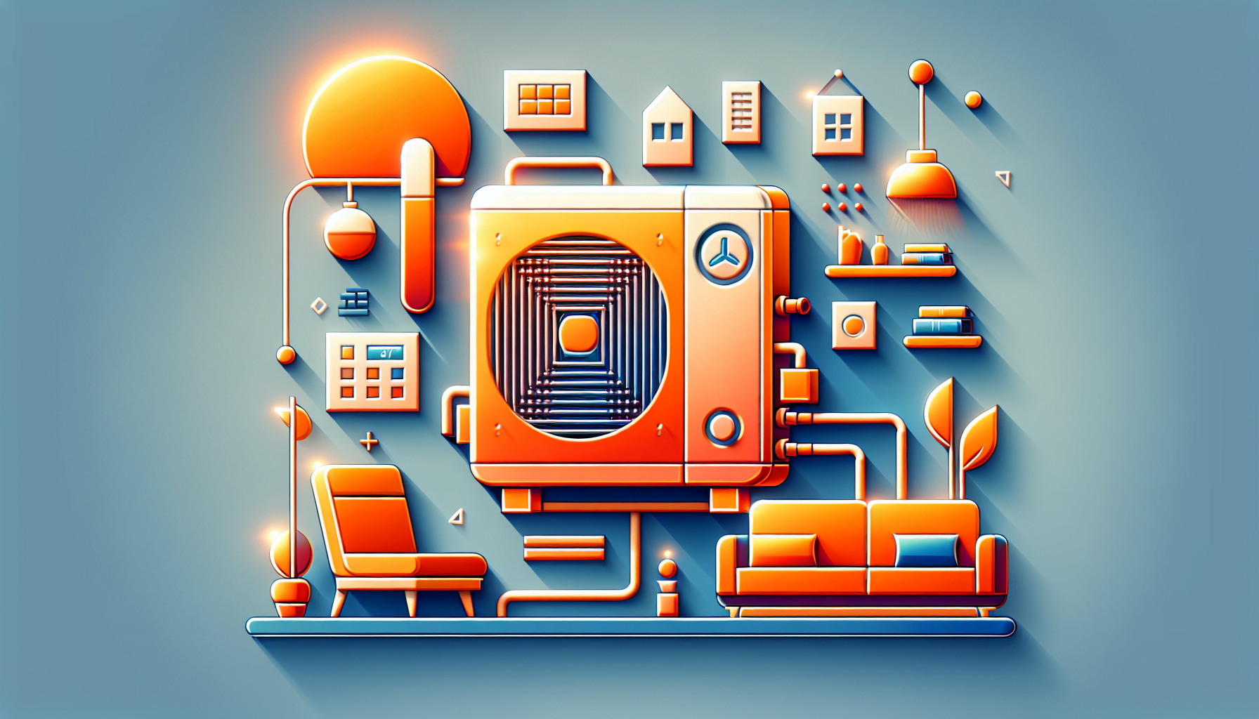 Graphic illustration of a stylized smart home concept with furniture and home appliances connected to a central air conditioning unit.