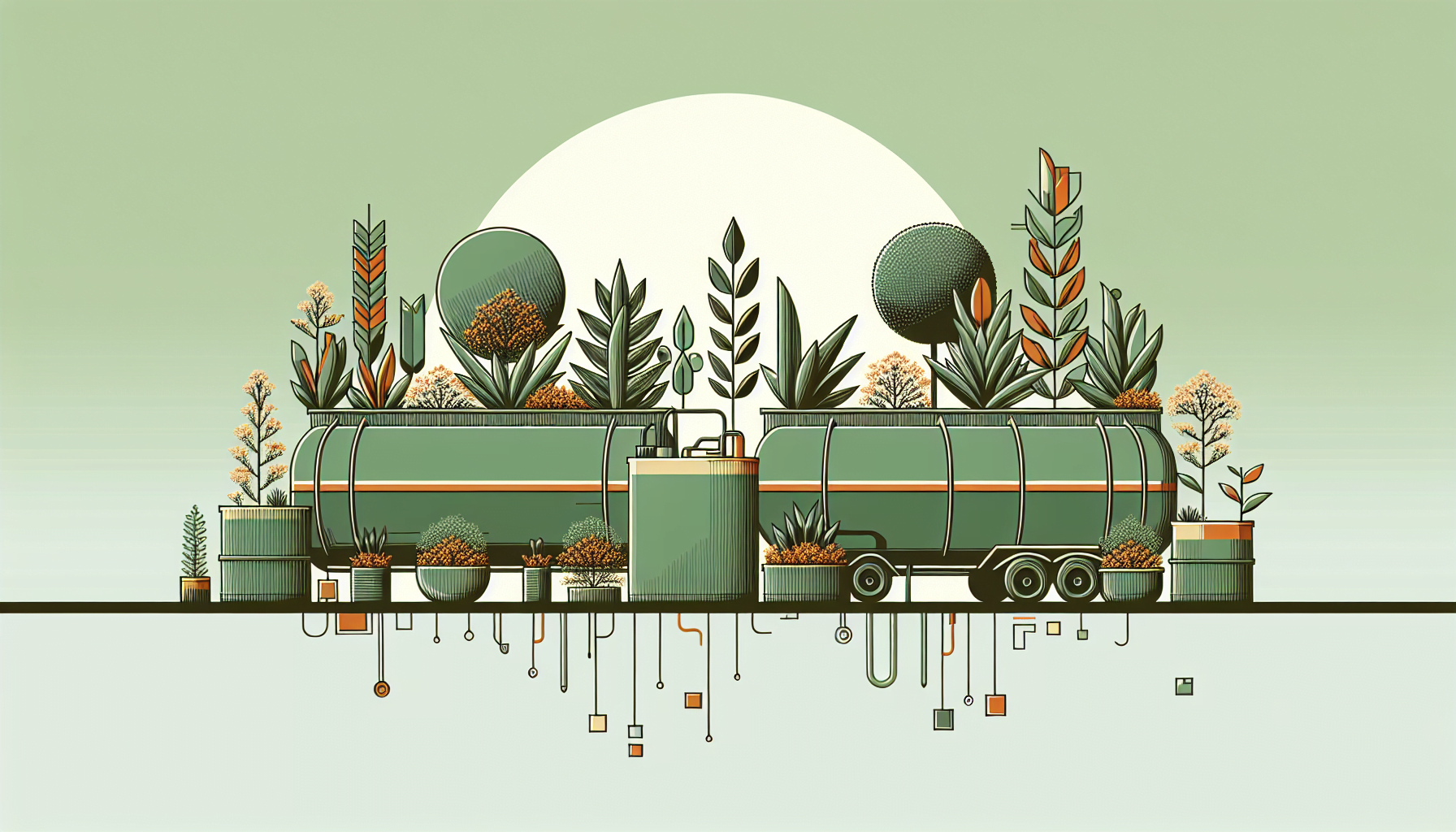 Illustration of a stylized, green train with plants and foliage integrated into its design, set against a backdrop of a large, pale sun on a light green background.