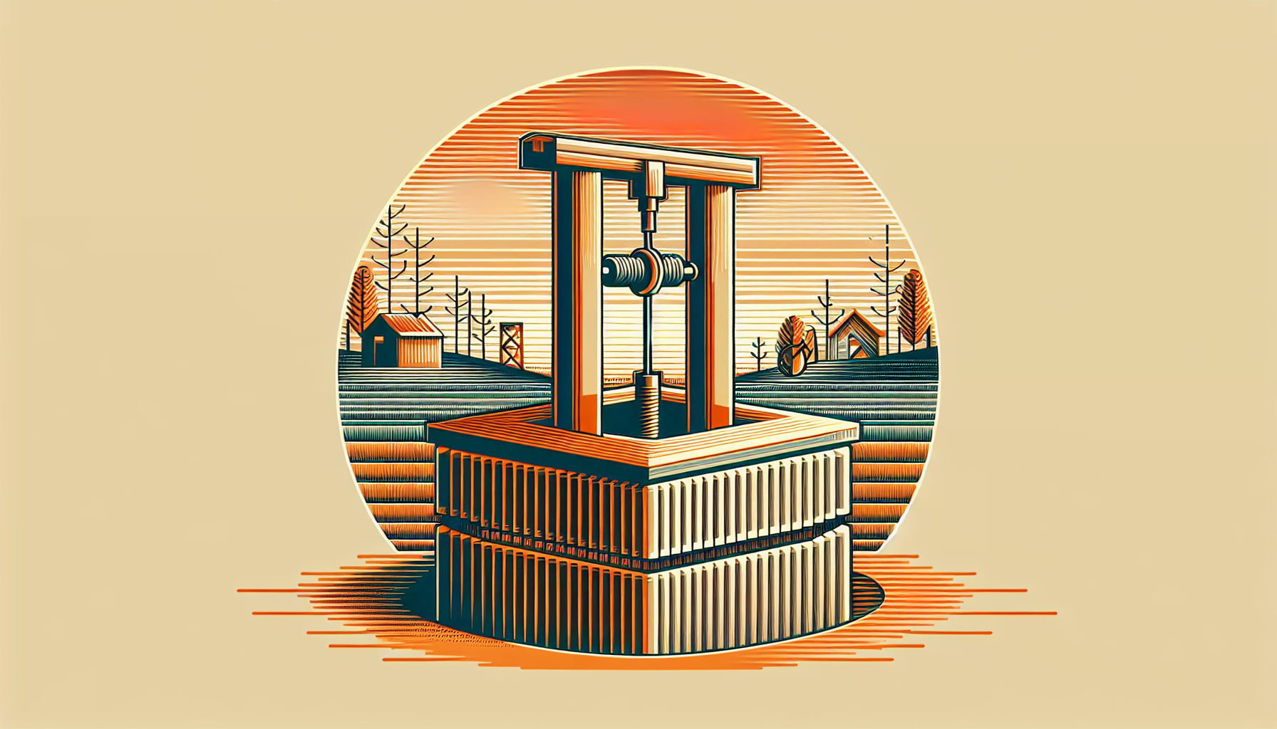 Illustration of an old-fashioned water well with a bucket on a pulley, set against a stylized rural landscape and a sun or moon in the background.