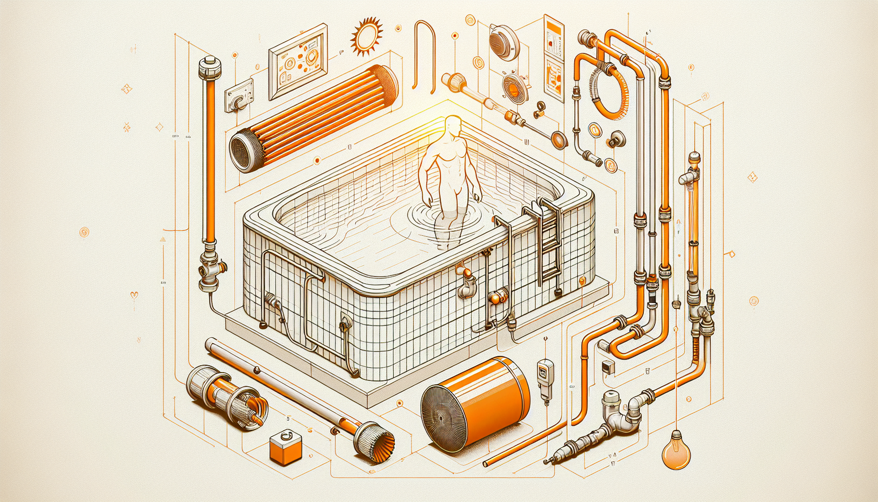 Illustration of a stylized, isometric view of a central microchip with a human figure meditating on top, surrounded by abstract mechanical components and circuitry elements in warm tones.