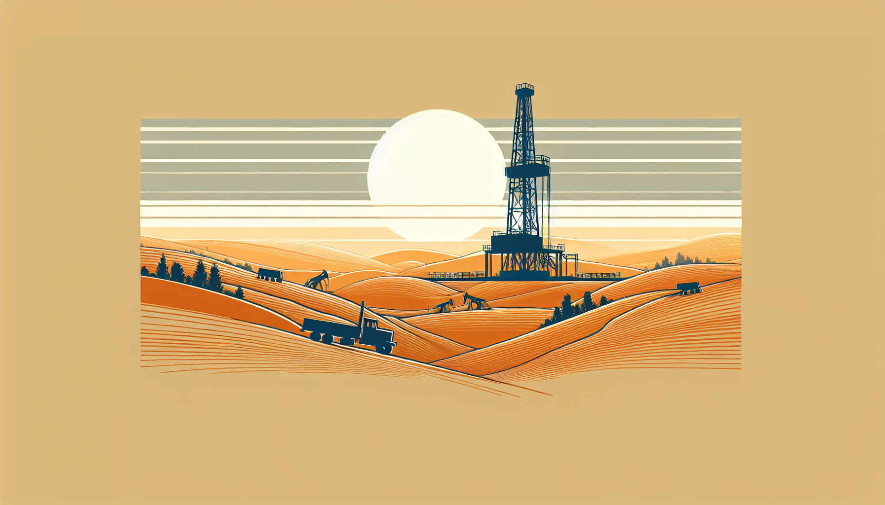 Illustration of an oil drilling rig in a desert with rolling dunes, under a large sun with horizontal stripes in the background.